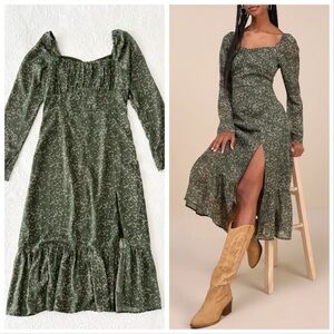 NWOT Lulus Perfectly Elevated Olive Green Floral Long Sleeve Midi Dress Medium